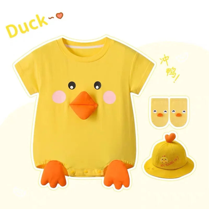 Infant Baby Clothes Adorable 3D Duck Girl Boy Romper Summer Lightweight 100% Cotton Jumpsuit w/ Hat & Socks Role Play Costume
