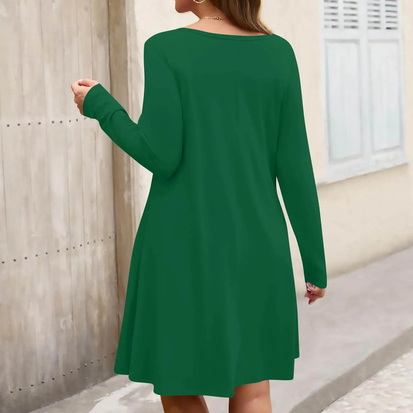 Plus Size Dress for Women Solid-Colour Casual Dress Spring/Autumn Pocket Round Neck Long-Sleeved Dresses vestidos femenino