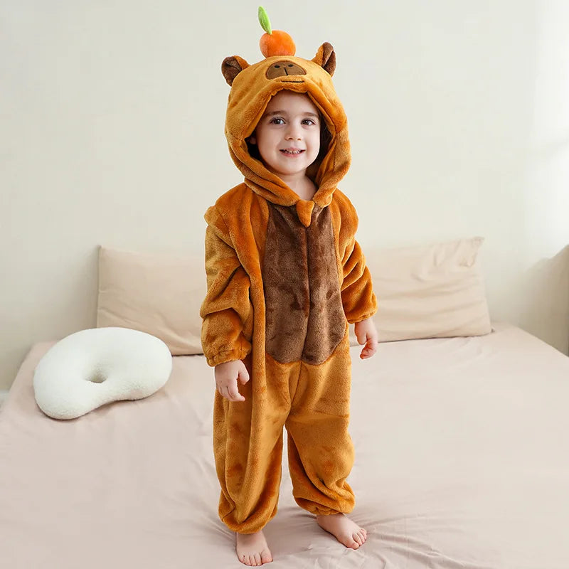 Baby Boy Girl Children Capybara Cosplay Costume Flannel Pajamas Set Cartoon Animal Suit Kids Baby Onesie Hooded Sleepwear