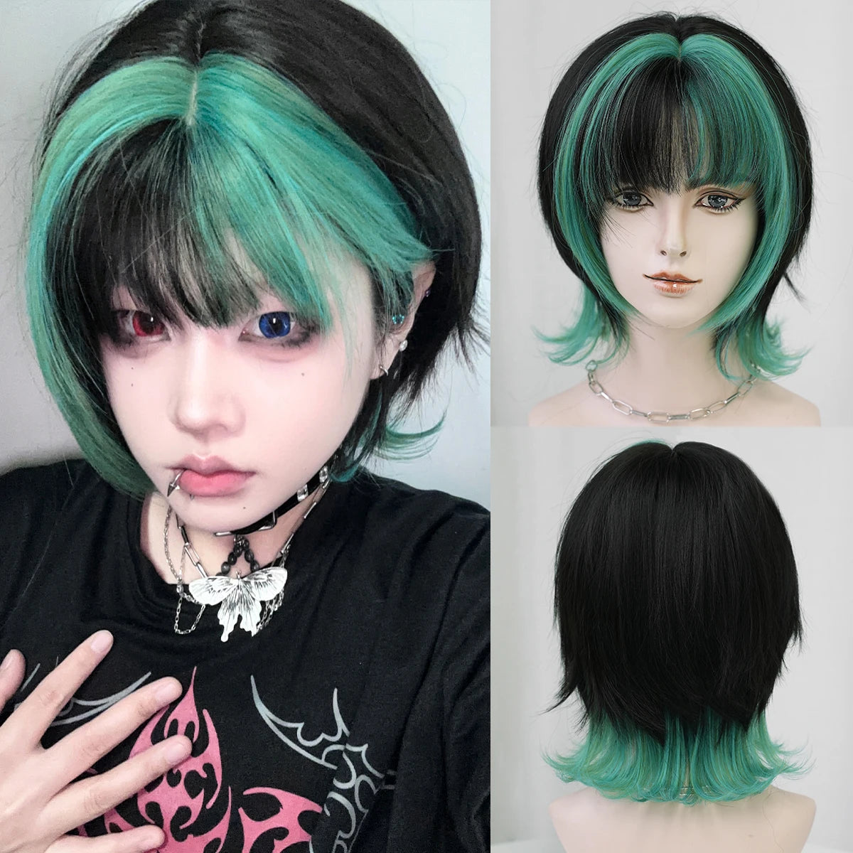 7JHH WIGS Short Straight Black Ombre Green Wig for Women Synthetic Modest Fashion Wear and Go Bob Wigs with Neat Bangs