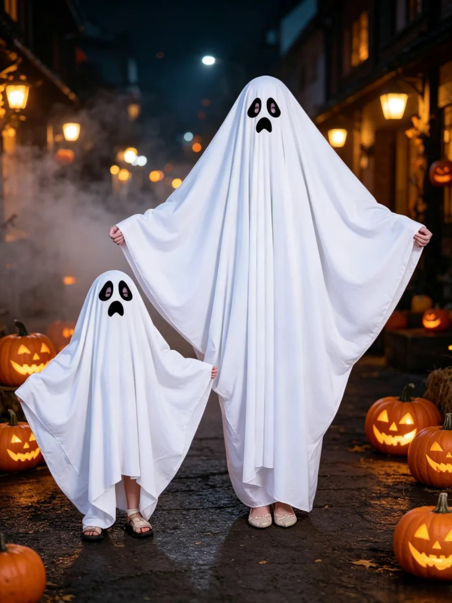 Halloween Kids Adults Funny Costume Cape Sad Face White Ghost Poncho for Boys Girls Family Matching Outfits