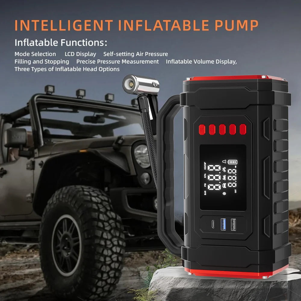 4‑IN‑1 Portable Car Jump Starter with Air Compressor, Tire Inflator, Power Bank with Fast Charging & LED Light for 12V Emergency