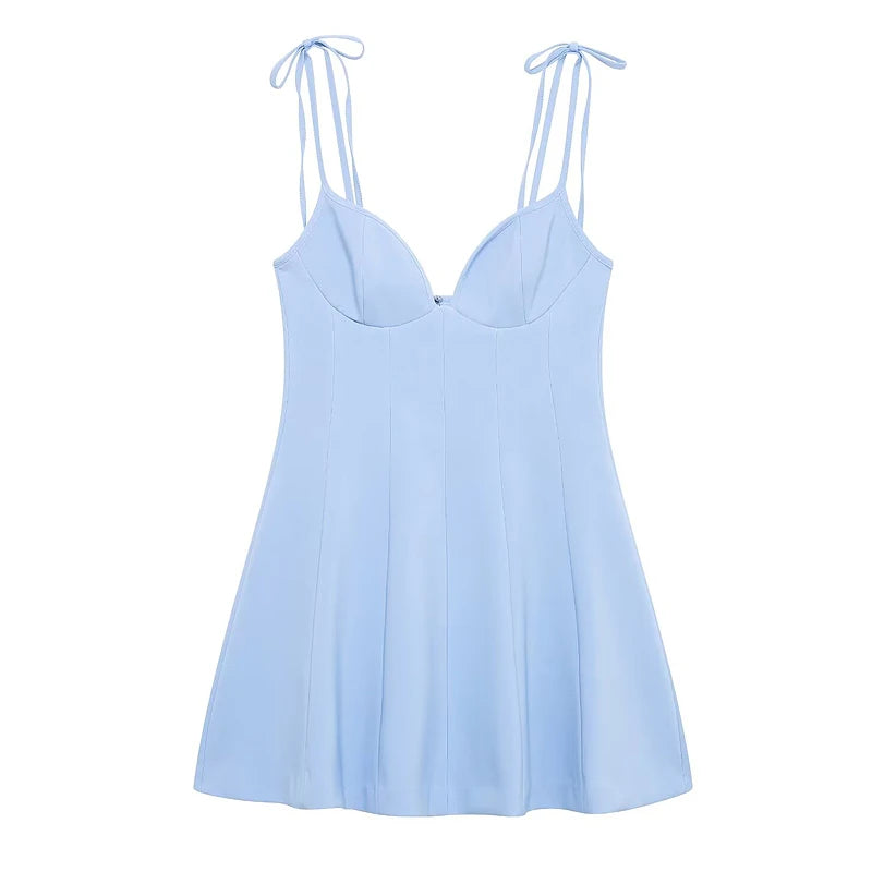 HXAO Bow Short Dresses for Women Blue Thin Straps Backless Sleeveless Women's Dresses Casual Sexy Lady Dress Elegant Party Dress