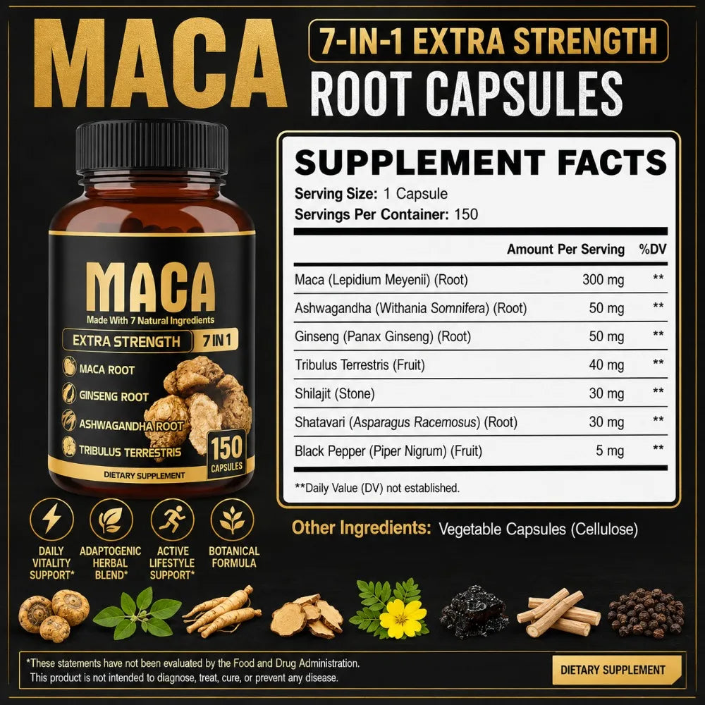 Maca Root Capsules 7-in-1 with Ashwagandha, Ginseng, Tribulus, Shilajit, Shatavari & Black Pepper, Extra Strength, 150 Count