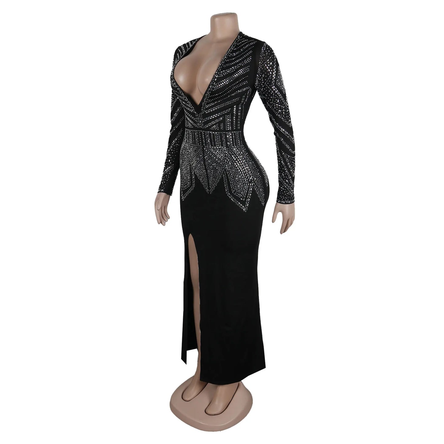 HBLL Elegant Women Deep V-neck Long Sleeve Split Diamonds Hot Rhinestone Maxi Dress Luxury Celebrity Evening Party Wedding Dress