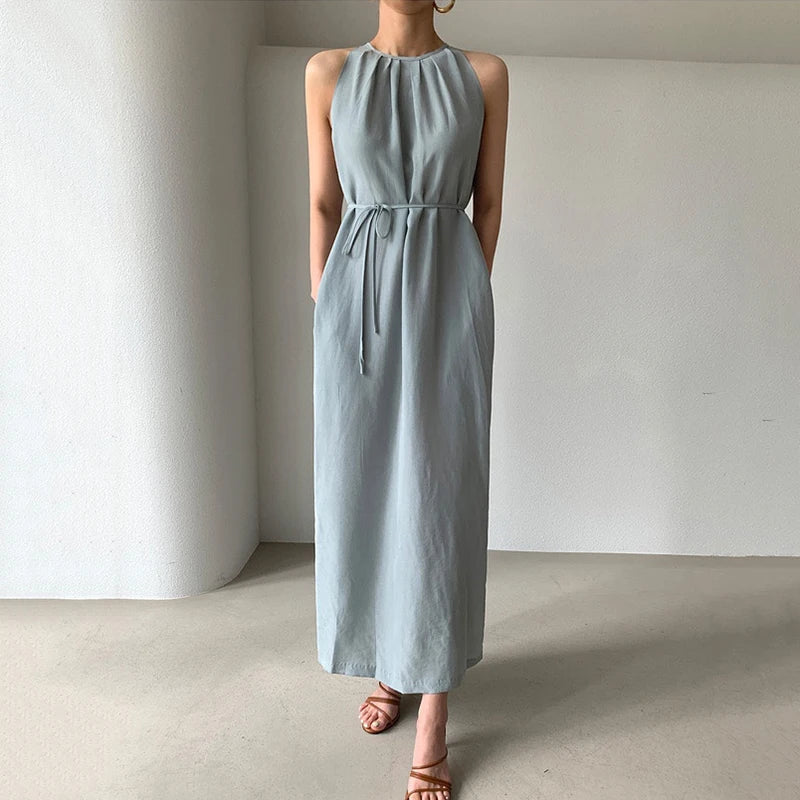 HELIAR Women Halter Strapless Sexy Dress Lace Up Waist Elegant Office Dress Holiday Beach A-line Long Dress Casual Vestidos
