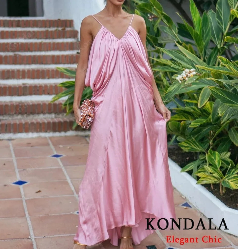 KONDALA Elegant Pleated Satin Dress Women Side Fold Pleated Suspender Long Dress 2025 Summer High Street Dating Lady Dress