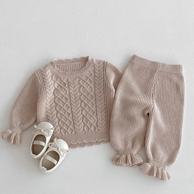 2024 New Autumn Toddler Baby Girl Knitting Clothes Suit Long Sleeved Solid Color Knitted Sweater+Pants Children Clothes Set