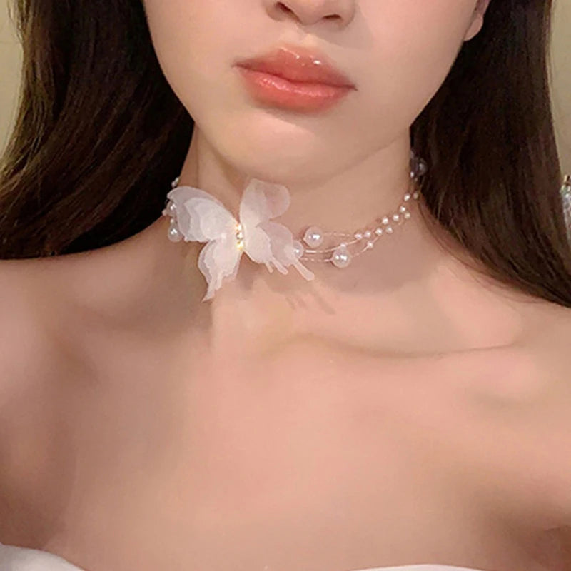 White Butterfly Pearl Choker Necklace For Women Sweet Imitation Pearl Clavicle Chain Neck Necklace Wedding Jewelry Gift