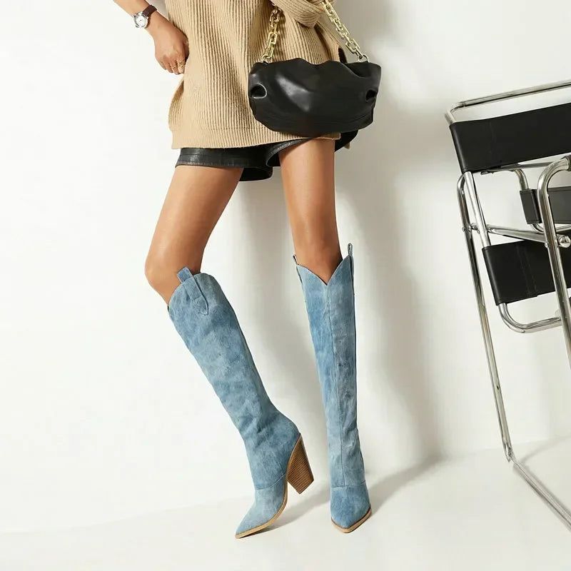 Denim Western Women Knee Thigh High Boots New 2024 Autumn Winter High Heel Cowboy Long Boots Size 43 Slip on Woman Shoes
