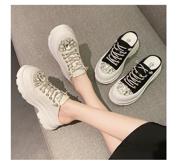 Women Shiny Rhinestones Shoes Four Seasons Casual Sneakers Women Stylish Sport Shoes Lace-Up Sports slippers zapatos mujer