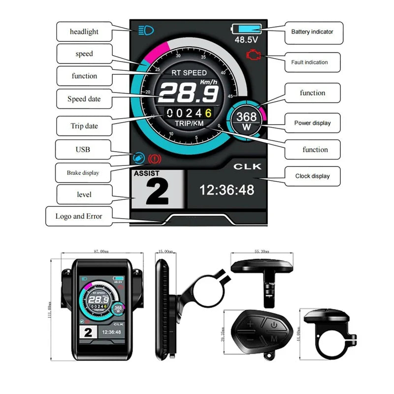 Ebike Sine Wave Display Controller 100A Three-Mode 48V52V60V72V with Learning Function UKC1 LCD Color Display 3000W5000W Motor