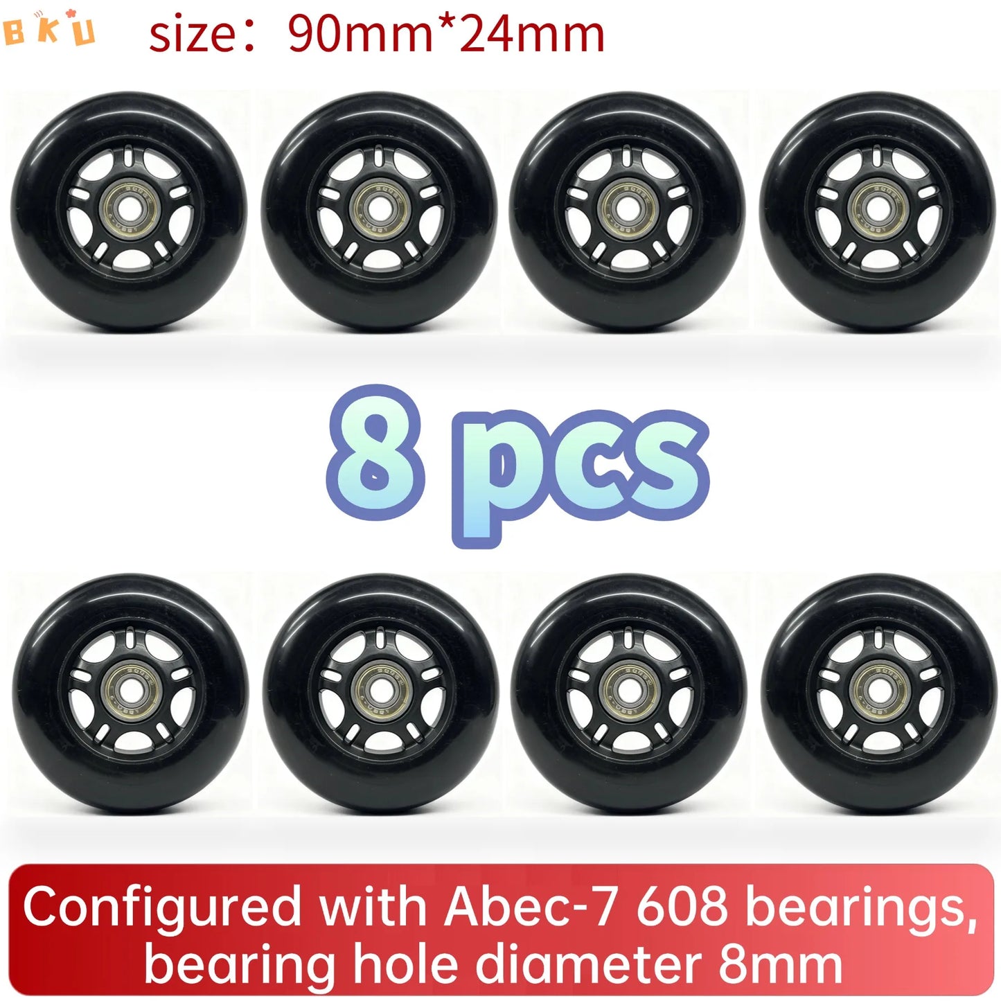 8pcs Universal 90mm PU Wheels for Inline Skates Luggage Stroller with ABEC-7 608 Bearings 12 Color Variants 8mm Inner Hole
