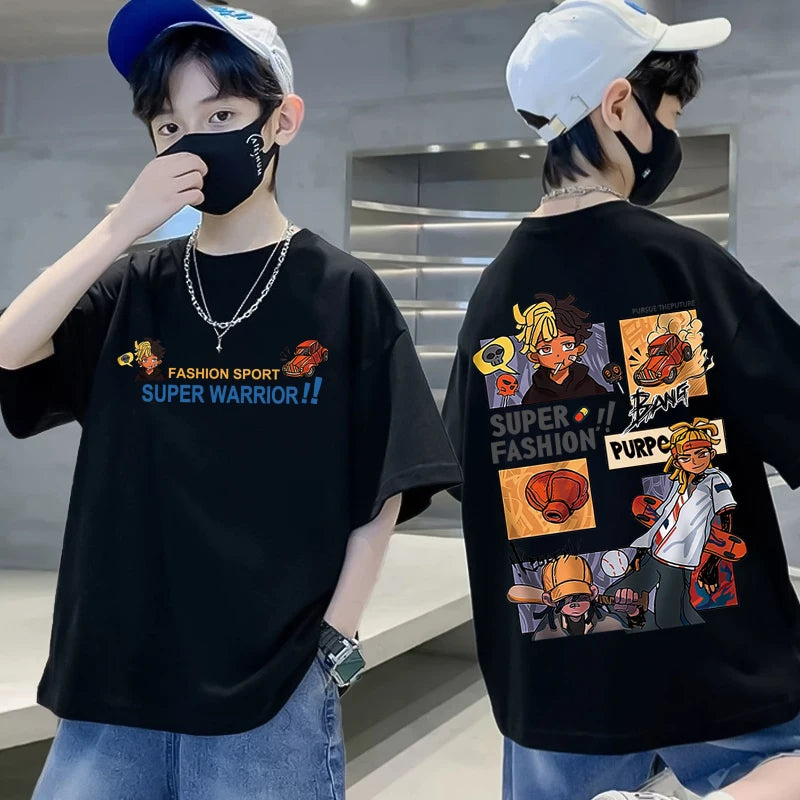 100% Cotton Boys T-shirt Summer Streetwear Cool Graffiti Print Girls Tees Short Sleeve Children Tops High Quality Kids Clothes