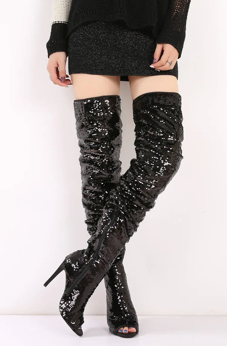 Fashion Wrinkle Women Long Boots Blue Sequined High Heels 11CM Nightclub Queen Peep Toe Shoes Shiny Over The Knee Boots Female