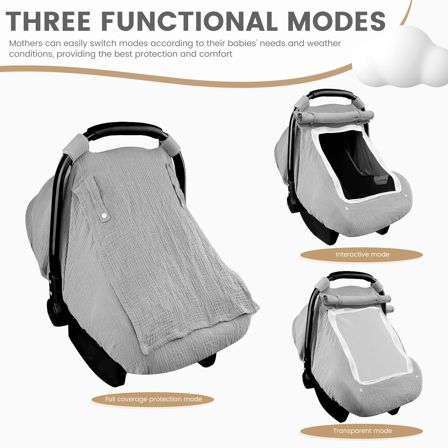 Baby Car Seat Cover Universal Baby Stroller Accessories 3 Modes Windproof Infant Carrier Canopy with Two Way Zipper for Travel