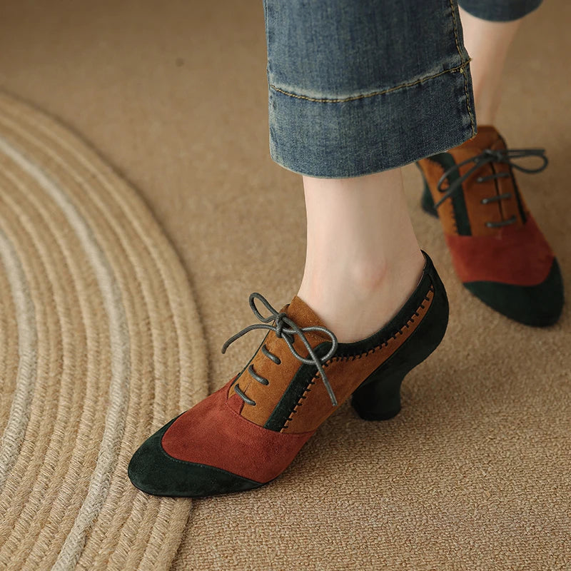 2025 New Spring Autumn Retro Mature Women Pumps Office Ladies High-heeled Lace-Up Genuine Leather Suede Shoes Woman High Quality