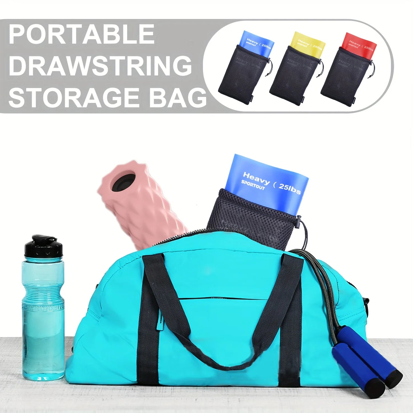 Fitness yoga elastic belt three colors, with portable drawstring storage bag.