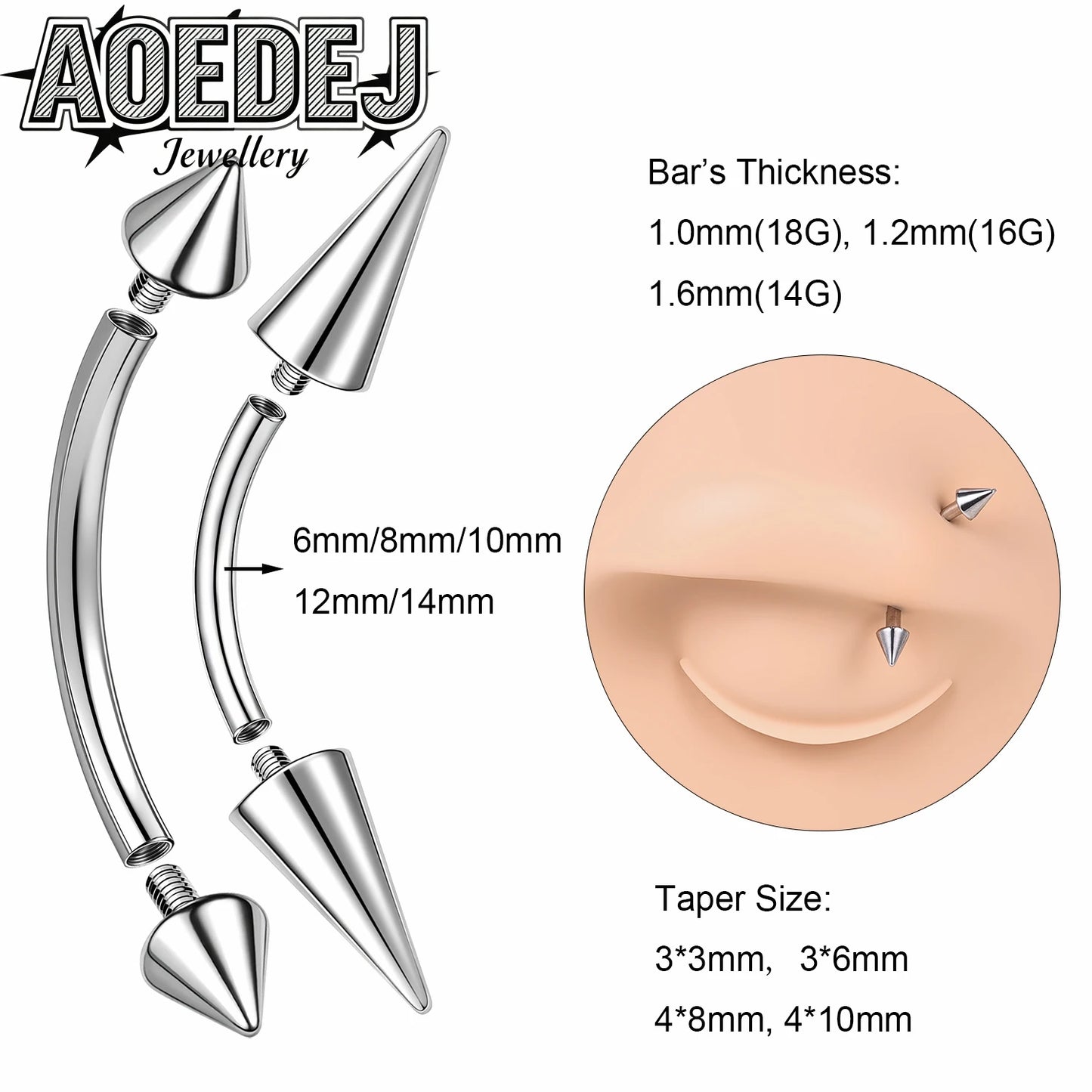 AOEDEJ 14/16/18G 1-10pcs/lot Stainless Steel Eyebrow Piercings Spike Eyebrow Rings Curved Barbell Bridge Piercing Jewelry 6-14MM