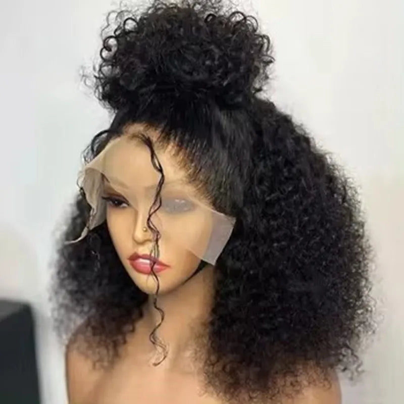 Black Color Short Bob Cut 13X4X1 HD Lace Front Synthetic Wig For Black Women Kinky Curly Preplucked With Baby Hair Soft Hair
