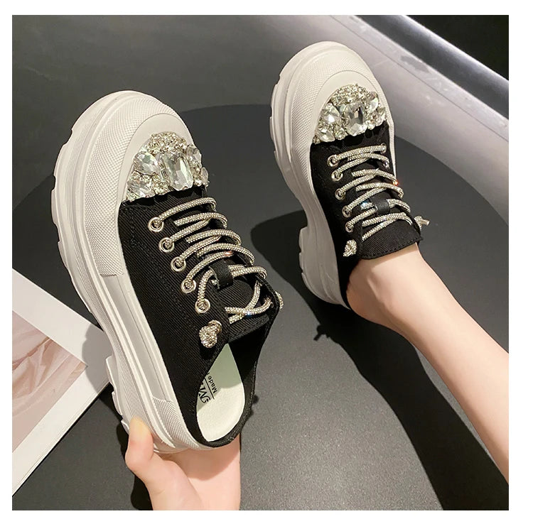Women Shiny Rhinestones Shoes Four Seasons Casual Sneakers Women Stylish Sport Shoes Lace-Up Sports slippers zapatos mujer