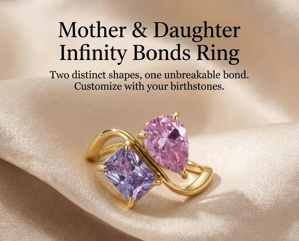 Custom Mother Daughter Birthstone Ring Personalized Infinity Bond Two Stone Ring 18K Gold Plated Jewelry Gift for Mom