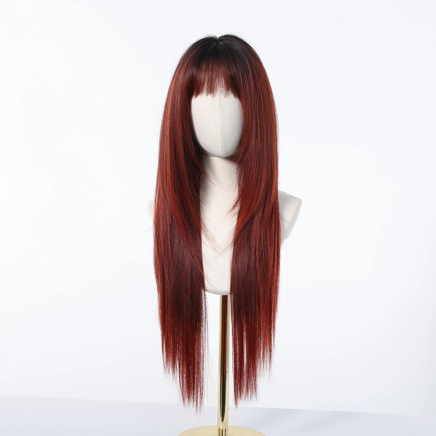 Burgundy Wine Red Ombre Layered Synthetic Wigs With Bangs Super Long Straight Wig For Women Cosplay Natural Daily Heat Resistant