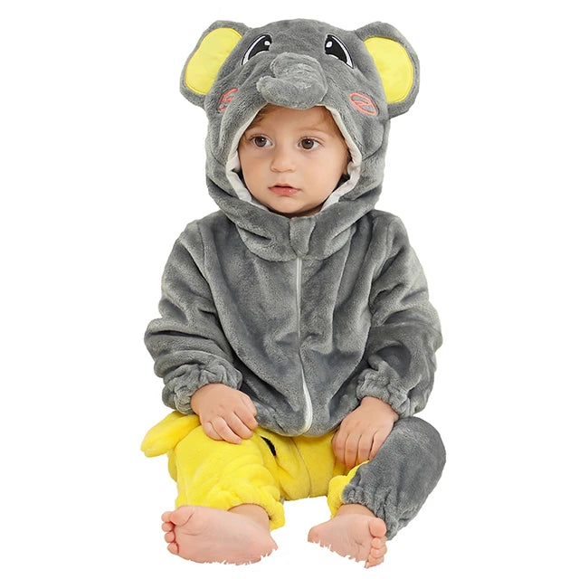 MICHLEY Halloween Elephant Winter Baby Rompers Clothes Costume Flannel Hooded Bodysuits Pajamas Animals Jumpsuit For Boys Bebe