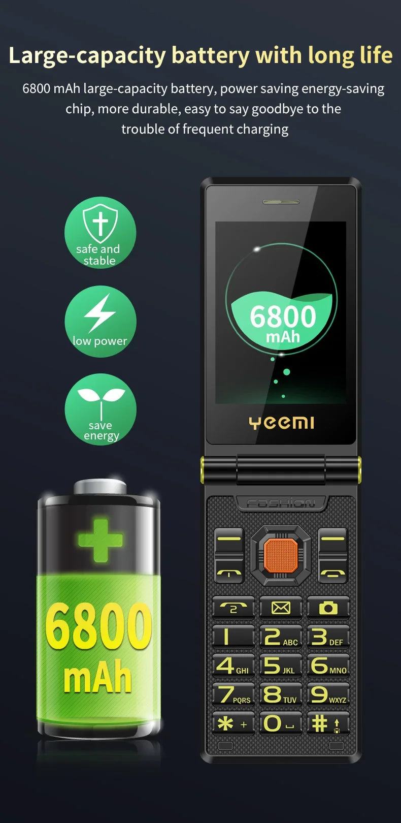 YeeMI M7 2G Rugged Feature Phone Dual SIM Dual Screen Large Fonts For Old Man 6800mAh Cellphone FM Radio SOS Russian Version