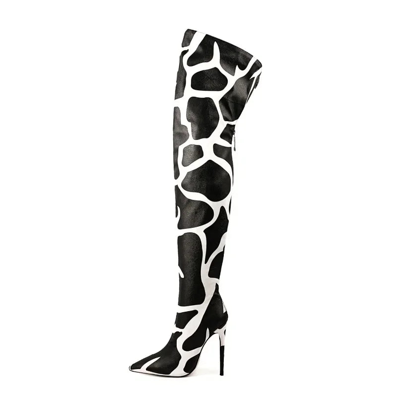 2024 Women's Euro-American Zebra Print Over-the-Knee Boots - Paneled Pointed-Toe Back-Zipper Stiletto, Plus Size Fashion Chic
