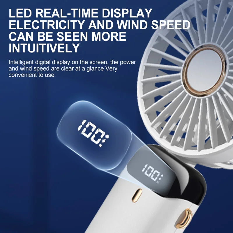 Handheld Mini Electric Fan Foldable Portable Neck Hanging Fans 5 Speed USB Rechargeable Fan With LED Display Screen Phone Stand