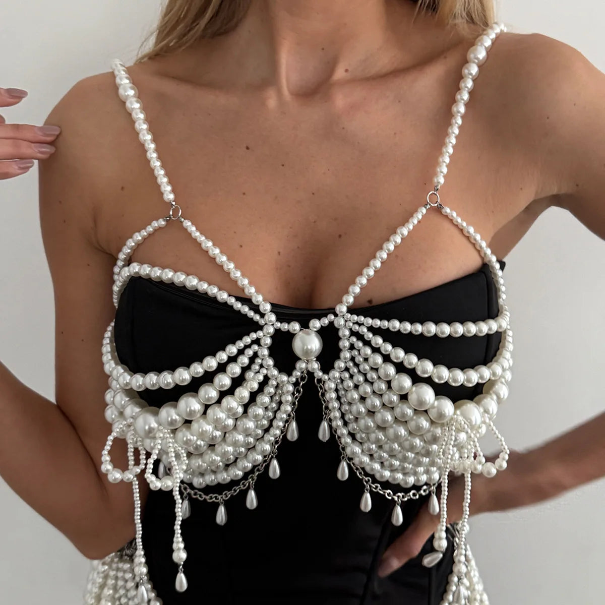Sexy Exaggerated Imitation Pearl Beaded Tassels Bikini Chest Chain Waist Chain Women's Fashion Show Beaded Necklace Body Jewelry