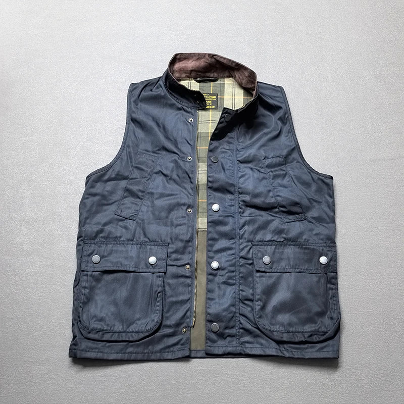 2026 Autumn Winter New American Retro Sleeveless Cargo Vest with Oil Wax Men's Multi-pockets Casual Heavyweight Waterproof Coat