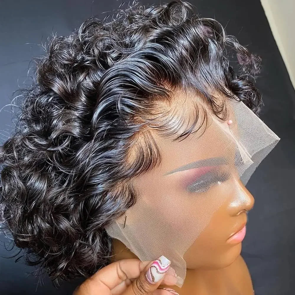 13X4 Lace Side Part Pixie Cut Water Curly Wig Short Inch Hair Wig Malaysian Hair 100% Human Hair Natural Color Lace Frontal Wig