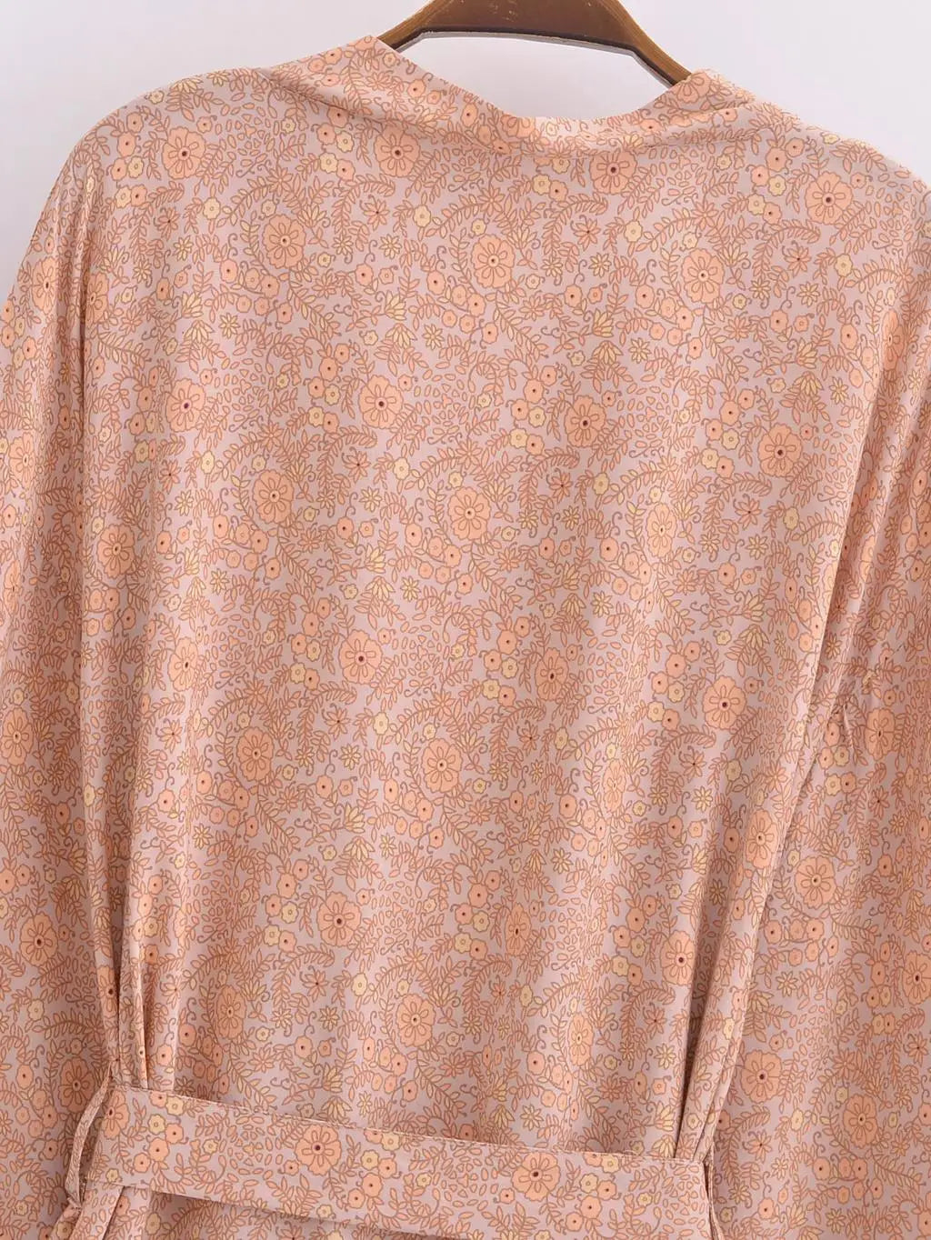 BOHO Women Blue With Pink Flower Print Kimono Shirt Holiday Tide Bow Sashes Mid Long Cardigan Summer Blouse Beach Cape