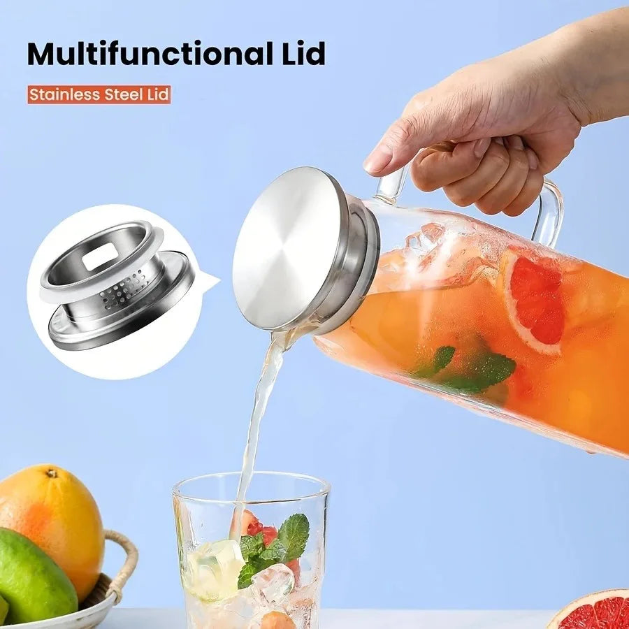 JUSTINLAU 1.2/2L Cold Water Jug High Borosilicate Glass Water Pitcher for Steamed Juice Fruit& Iced Tea Home Kitchen Accessories