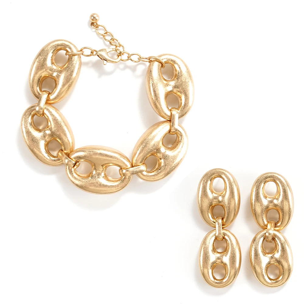 Contemporary Textured Mariner Chain Jewelry Set Polished Gold Tone Necklace And Bracelet Statement Jewelry For Womens Minimalist