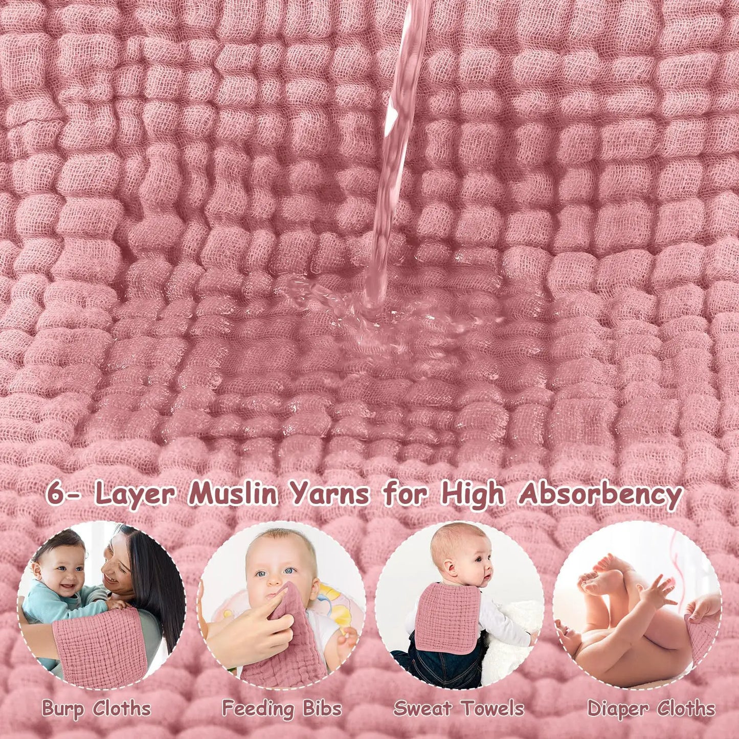 6Pcs Baby Cotton Washcloth Absorbent Soft Gauze Facecloth Saliva Towel Feeding Baby Stuff Strong Water Absorption and Softness