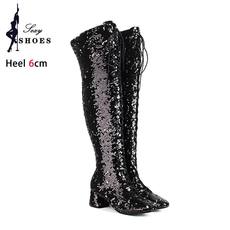 Glitter Bling Boots Women Over the knee Chunk High Heels Zipper Lace-Up Runway Lady Shoes Large Size Thigh High Boots Size 46