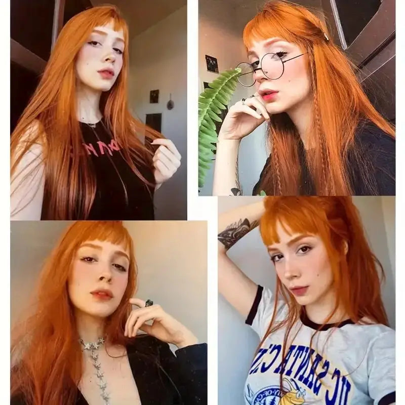 Long Straight Hair Orange Synthetic Wig for Halloween Party Cosplay Role-Playing Wig for Daily Party Hot Summer Hairpiece