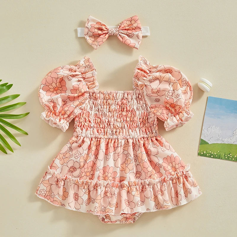 Summer Infant Baby Clothing Girls Rompers Dress Fruit/Flower Print Ruched Short Sleeve Jumpsuit Hairband For Newborn Clothes