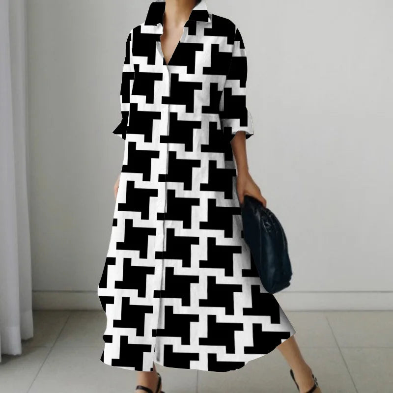 Women's Shirt Dress 2023 Trendy Patchwork Vintage Spot Print Shirt Fall Out Office Dress Loose Casual Lapel Pocket S-5Xl
