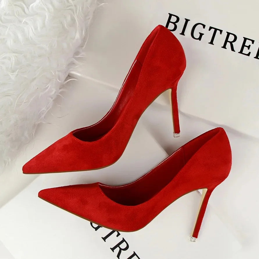Korean Style Fashionable Minimalist High Heel Velvet Surface Sexy Slimming Professional OL Women's Single Shoes Sharp Pointed To
