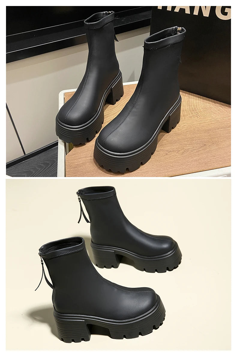 8CM Autumn Chunky Boots High Platform Leather Sneakers Women Round Toe Chelsea Boots British Style Thick Sole Female Ankle Shoes