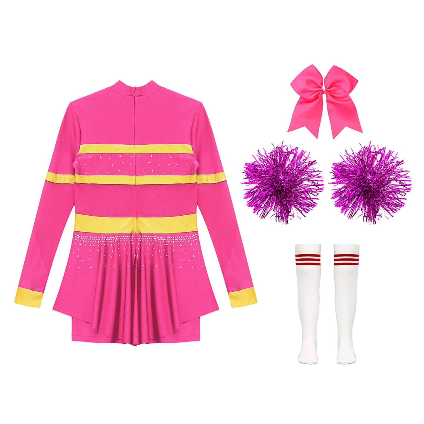 Girls Cheerleader Costume Long Sleeve Cheerleading Uniform Children Cheer Dance Dress Hand Flower Socks Stage Dancewear Sets