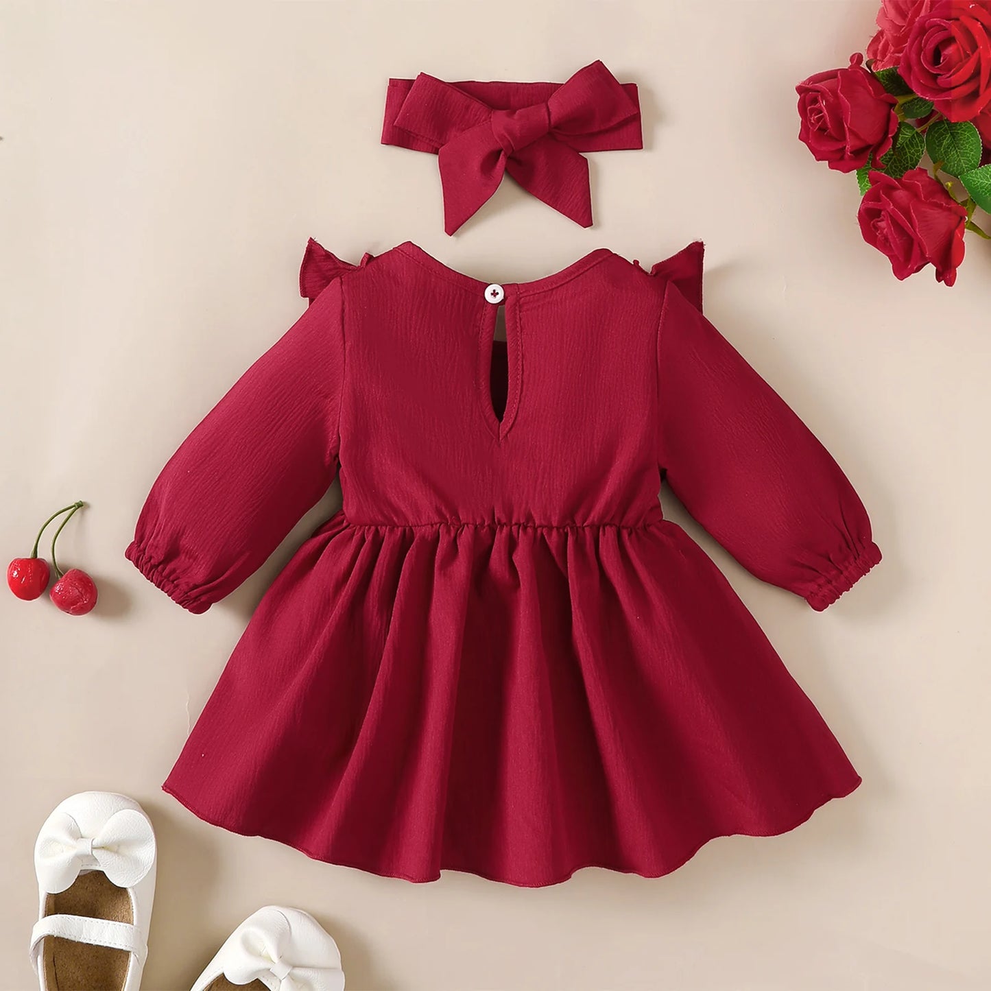 Baby girl Autumn Dress Ruffled Edges and Bow, Long sleeved Dress+Headband for 0-18 Months Cute Baby girl Holiday Party Costume
