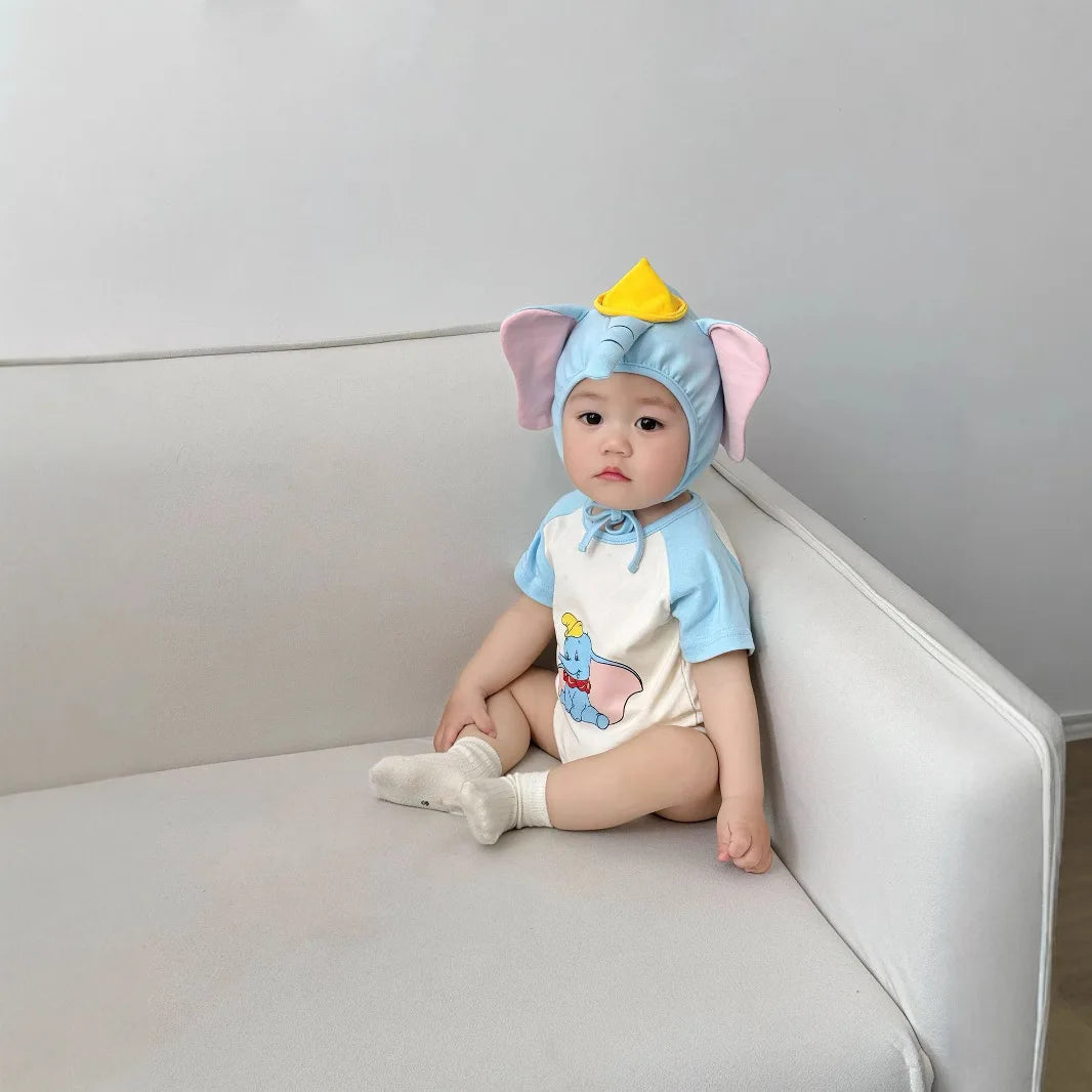 3D Elephant Print Baby Onesie with Hat Set Short Sleeve Romper Bodysuit Outfit Newborn Infant Summer Outfit Cute Animal Costume
