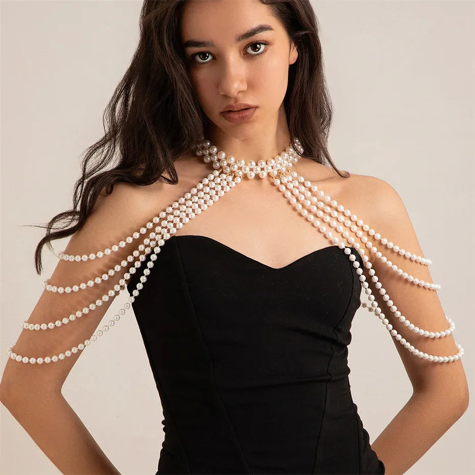 Bridal Tassel Imitation Pearl Shoulder Chain Necklace for Women Elegant Shawl Wedding Jewelry Accessories Gift