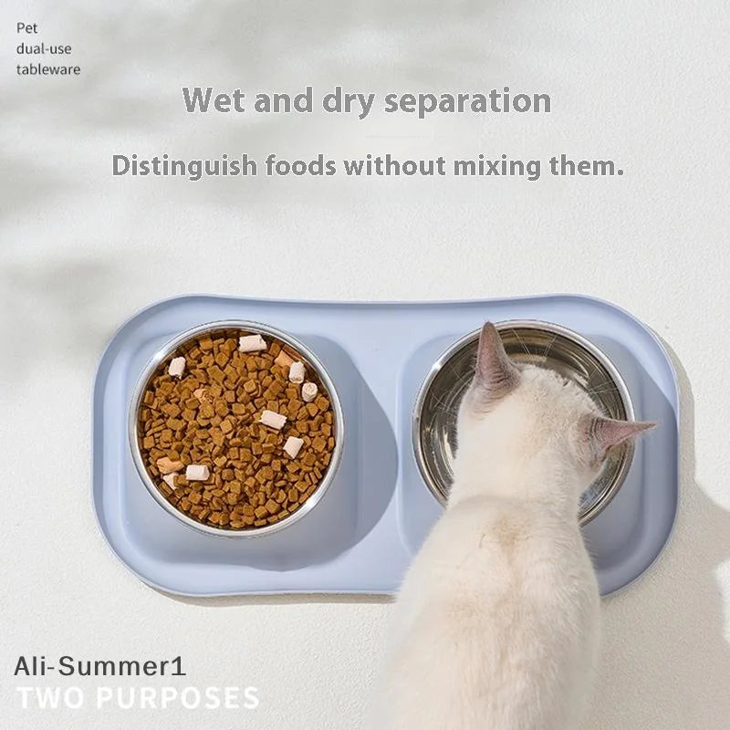 1pc Stainless Steel Double Cat Dog Bowl Cat Food Container Non-slip Base Pet Water Feeder Tilt Safeguard Neck Puppy Cats Bowls