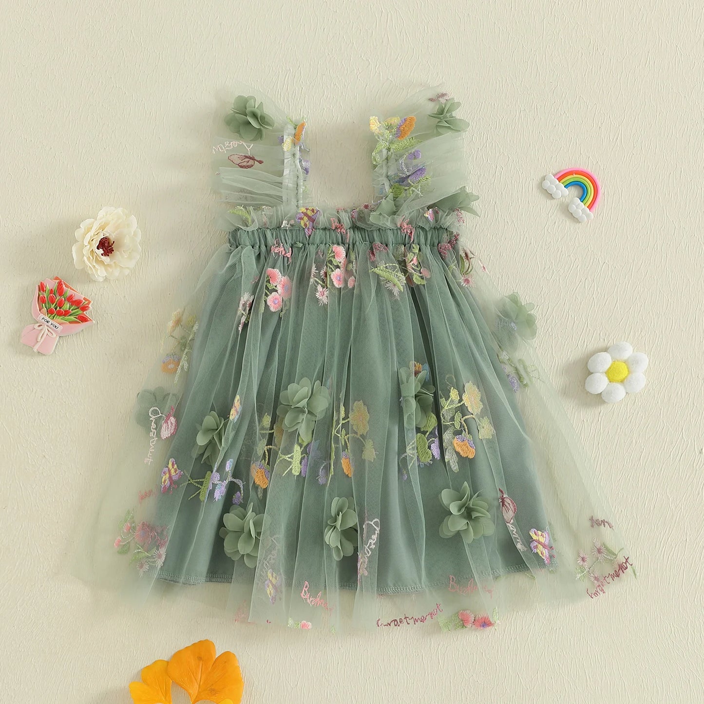 Baby Girl Square Neck Floral Embroidery Lovely Dress Kid Princess Lovely Dress Ruffle Sleeveless Toddler Party Dress Clothes